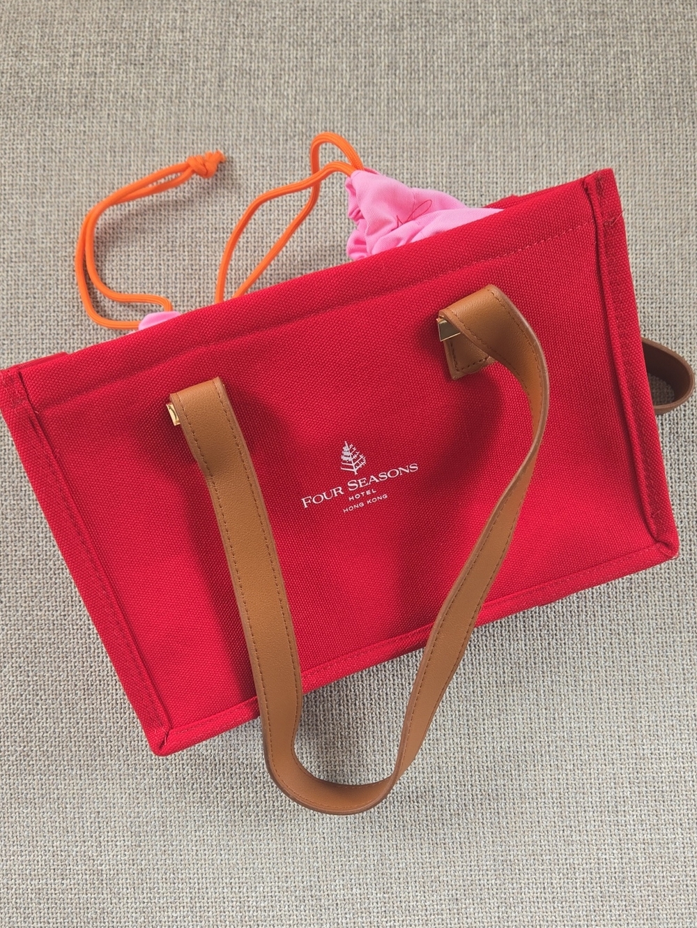 Four Seasons Red Canvas Tote Bag with Tan Handles